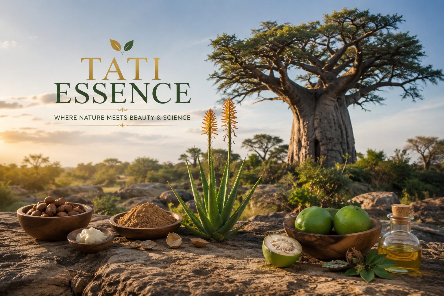 Tati Essence botanicals — baobab tree, aloe vera and natural oils